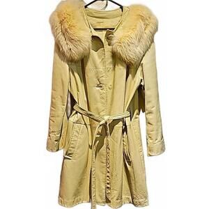 Peter Caruso Genuine Leather vintage belted coat with fur collar. Size M